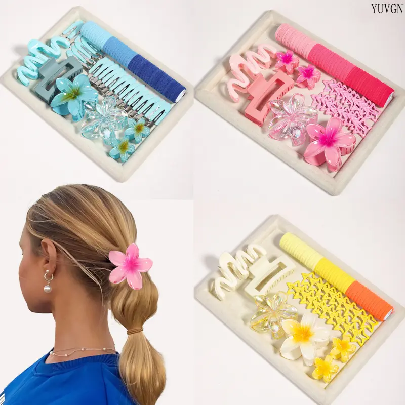 76Pcs Plumeria Flower Hair Accessories Set, Multi Style Hair Claw Clips Wave Barrettes Elastic Hair Ties, Summer Cute Floral Hair Pack, Decorative Hair Ornaments for Women Girls Daily Hairstyle