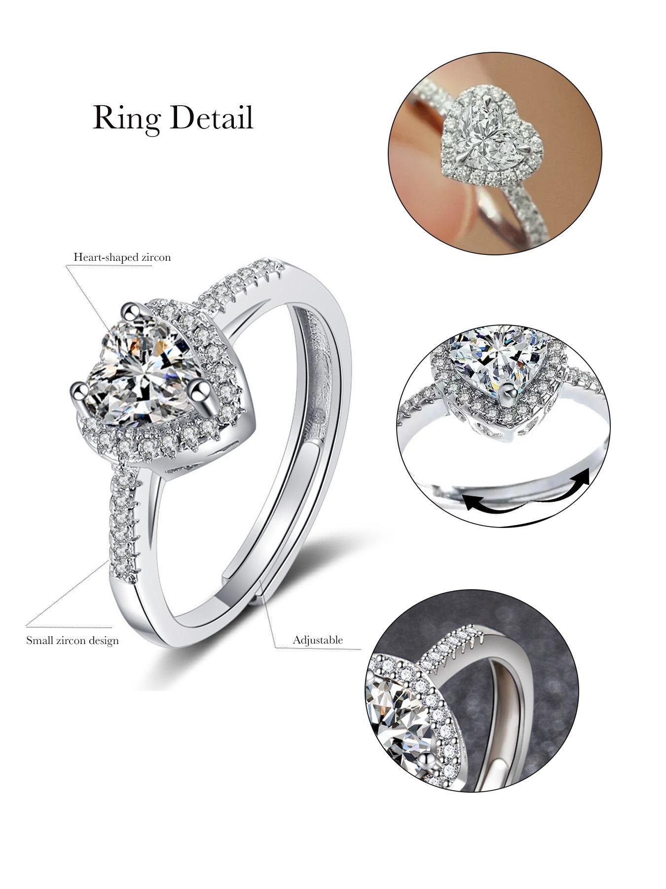 Women's Elegant Rhinestone Decor Promise Ring As Perfect Valentine's Day Gift for Girlfriend, Trendy Exquisite Heart Shaped Engagement Ring, Chic Gorgeous Jewelry with Rose Gift Box, Valentine's Day, Love Gift for Her