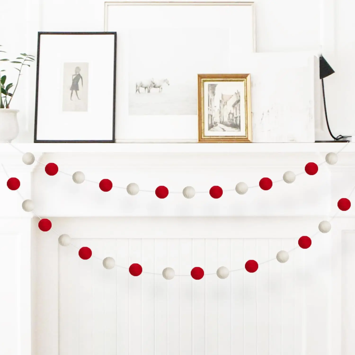 Christmas Felt Ball Garlands, Christmas Colorful Pom Pom Garlands for Winter Holiday Decorations Christmas Tree Decor Xmas Holiday Party Birthday Banner (Red White Ball)