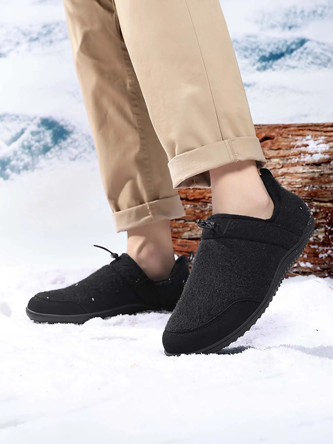 Men's Fleece Lined Slip-On Winter Shoes, Quick Drawstring Lock Loafers, Wide Toe Box Zero Drop Barefoot Footwear, Non-Slip Serrated Rubber Sole, Warm Cold-Resistant Casual Snow Shoes for Indoor & Outdoor Use