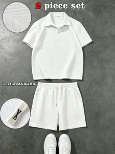Men's Waffle Texture Two-Piece Set, Collared Short Sleeve Polo Shirt with Drawstring Waist Shorts, Breathable Casual