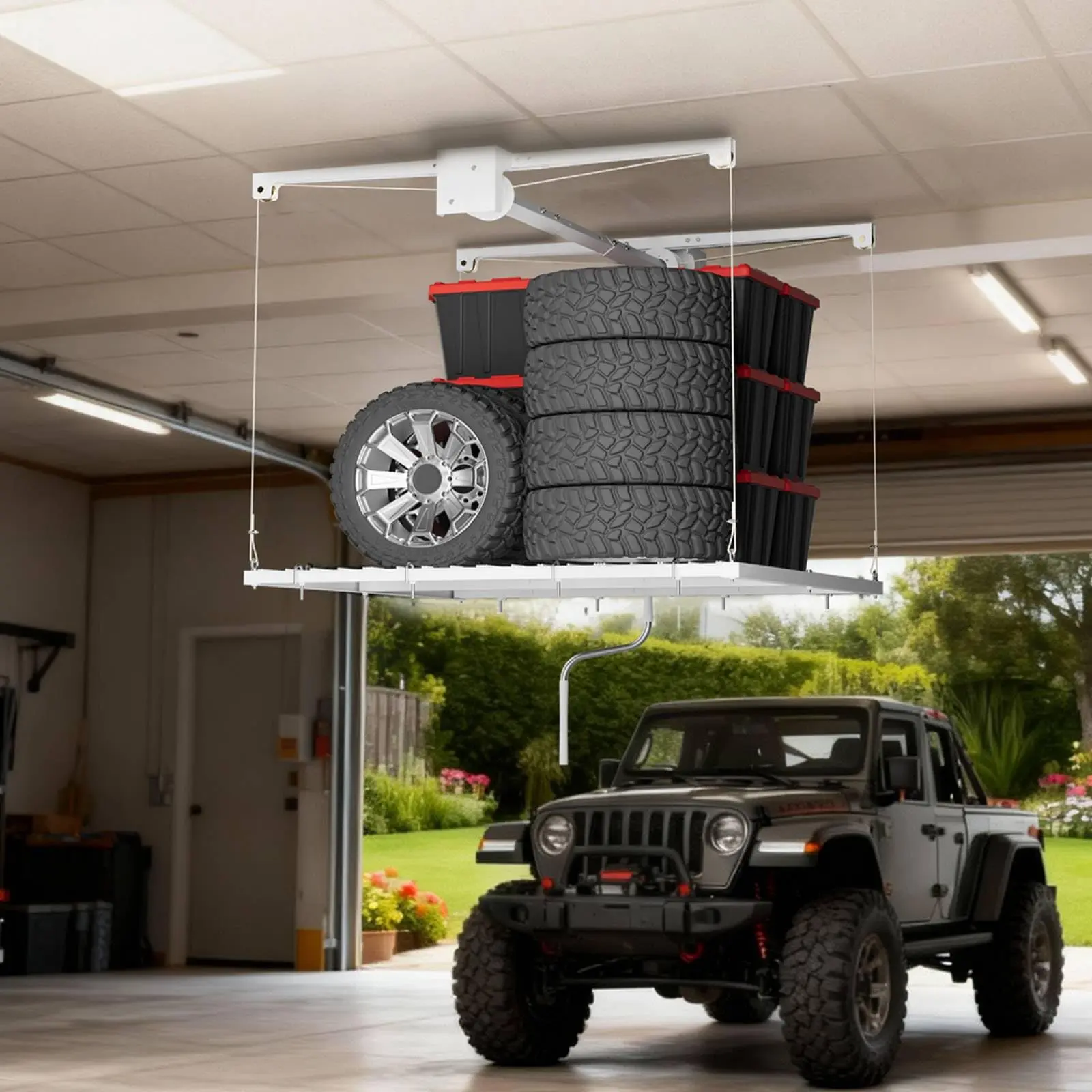 Heavy-Duty Ceiling Storage Rack 4x4FT, 350 lbs, Adjustable Crank Lift & Double Safety Ropes for Garage Organization