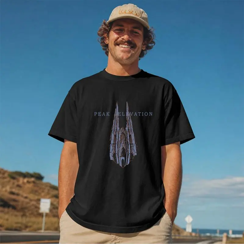 Unisex Cotton Short Sleeve T-Shirt, Casual Top with "PEAK SALVATION" Text & Cathedral Graphic Print, Multiple Specifications Available for Color & Size, Ideal for Coastal Road Trips, Daily Casual Outings and Relaxed Outdoor Moments