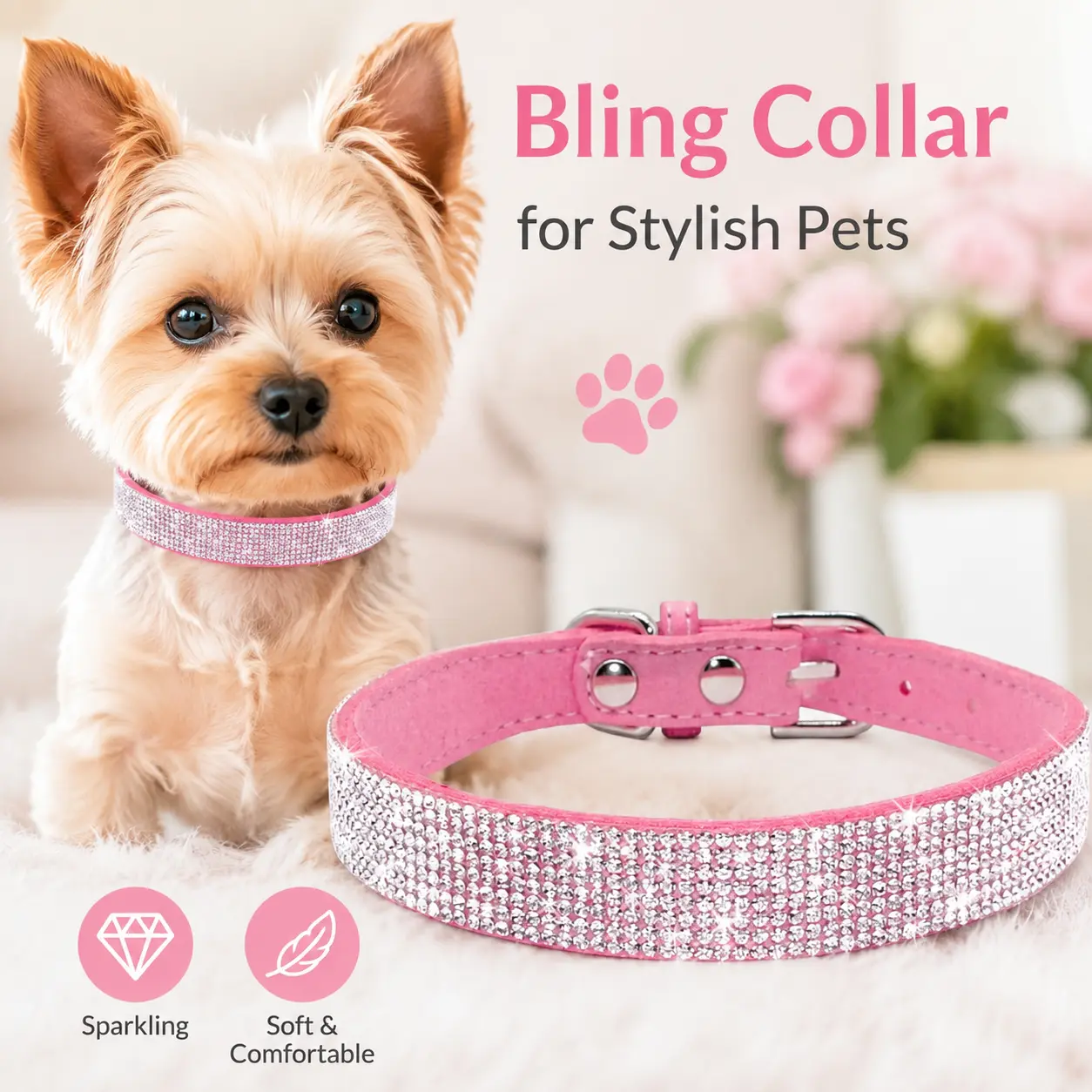 Pink Bling Rhinestone Dog Collar for Girl Female Dogs, Cute Fancy Crystal Diamond Glitter Cat Collar, Soft Pet Jewelry Collar for Small Medium Large Breed Puppy Kitten Terrier (XS)