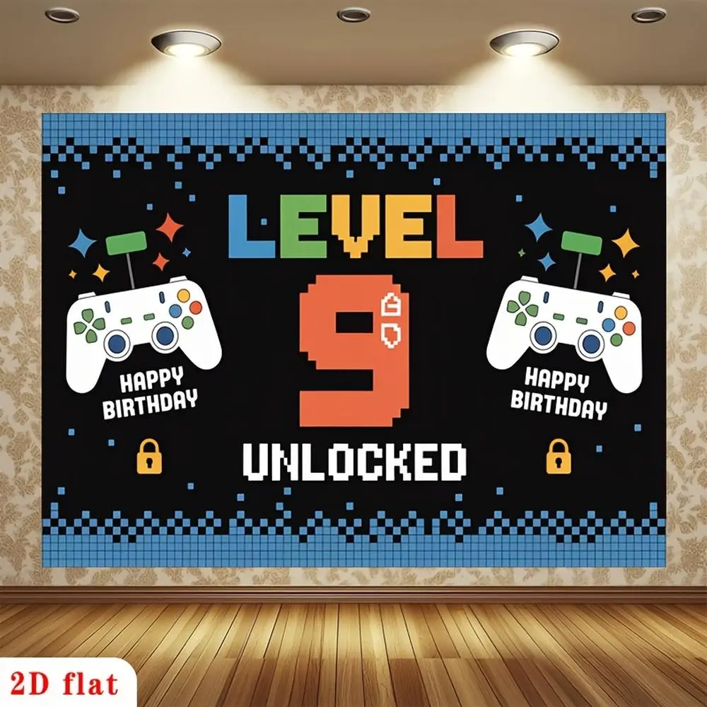 1pc Soft Durable 2D Flat Pixelated Level 9 Unlocked Game Controllers Banner - Black Background, Colorful Pixel Art Backdrop, Glam Indoor Garden Party Decor, No Electricity, Gift Option