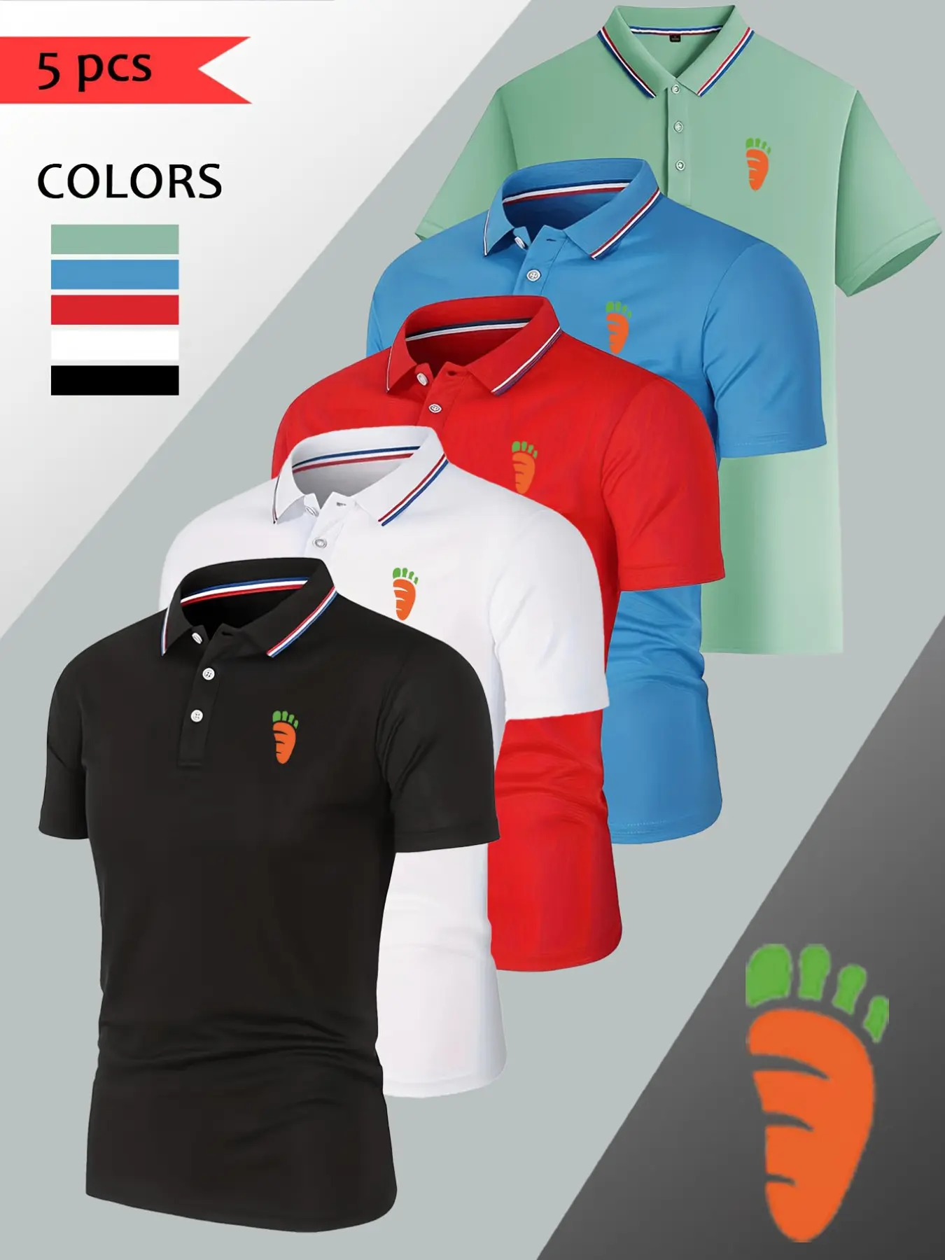 5 Pcs Men's Polo Shirts, Fashion Collar Design, Carrot Print, Classic Casual Shirt, Breathable, Summer Office, Home Wear