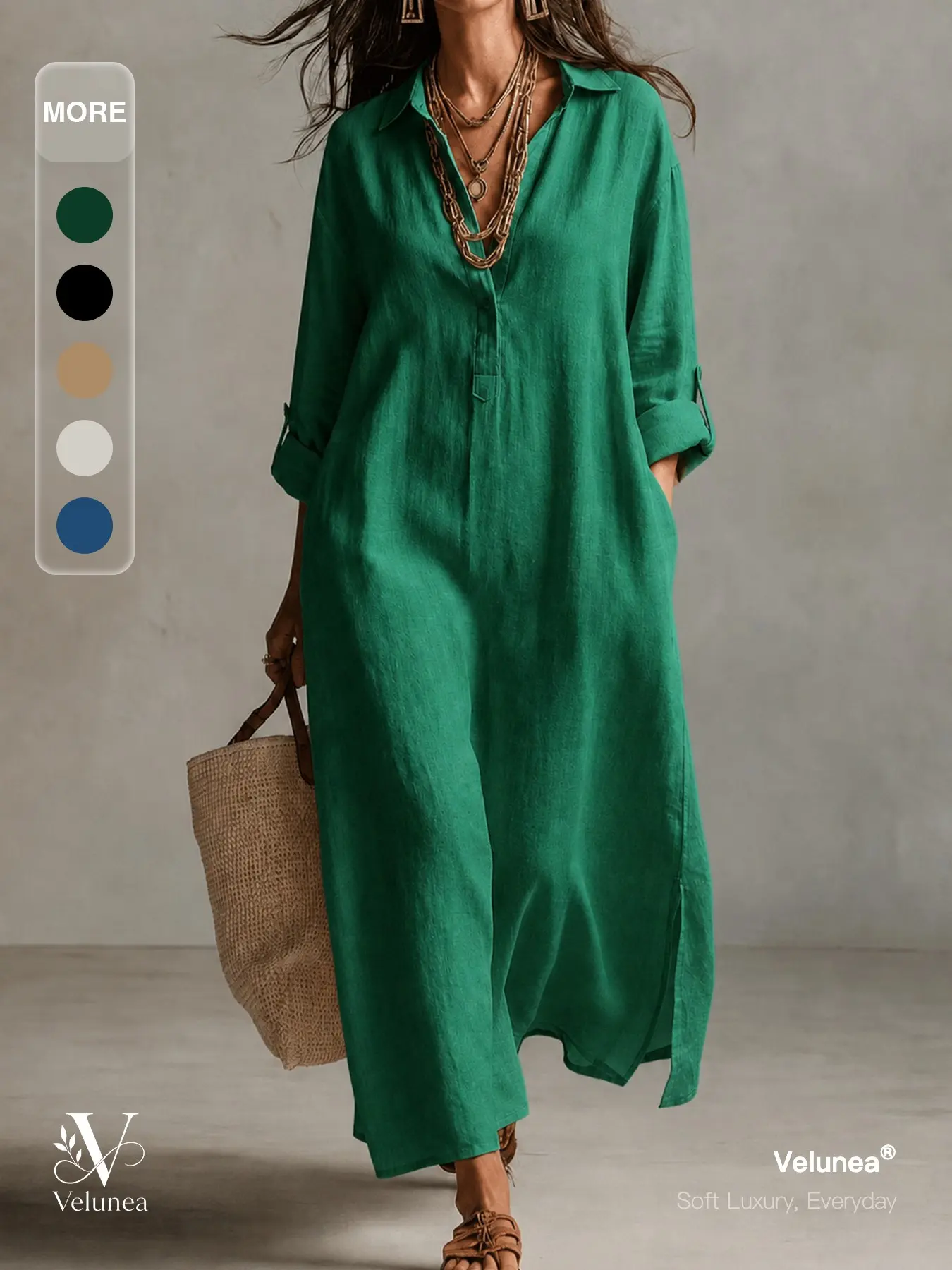 Velunea Women’s Button Front Maxi Shirt Dress, Long Sleeve Oversized Dress with Relaxed Fit and Flowing Silhouette, Elegant Resort Wear for Vacation and Everyday Chic