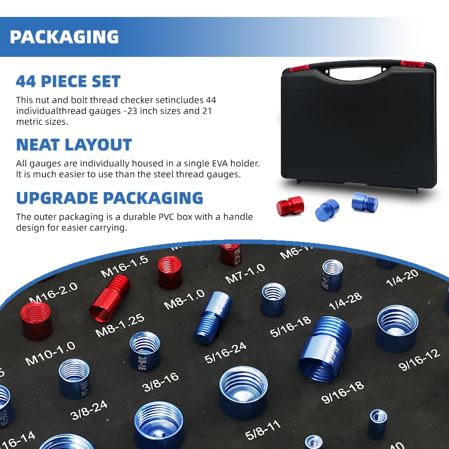 44PCS Nut and Bolt Thread Checker Kit, Thread Checker in Standard and Metric (23 Standard & 21 Metric), Bolt Size Finder Checker Thread Gauge for Quickly Identify
