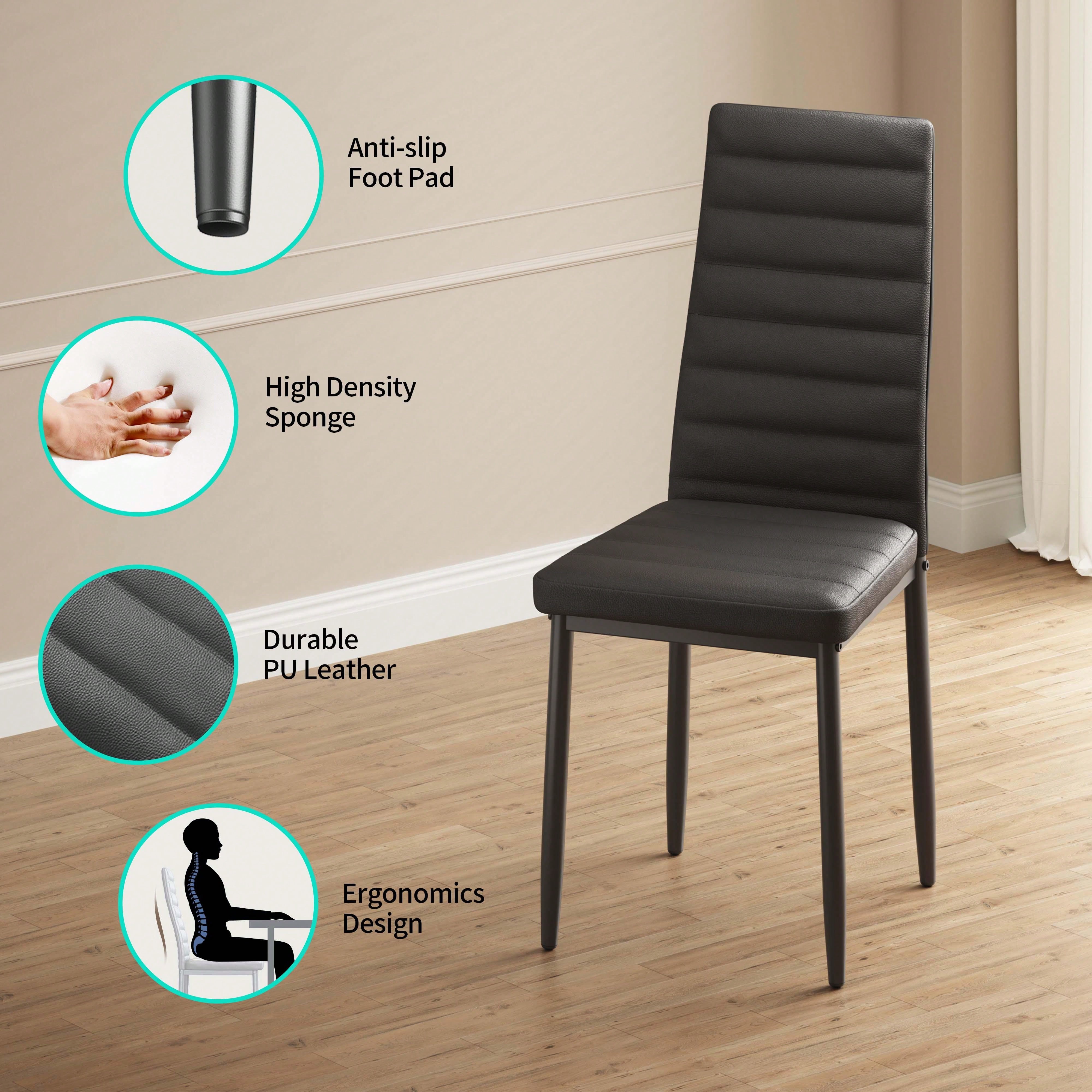 Glass Top Dining Table Set with High Back PU Leather Chairs, Available in 4-Chair & 6-Chair Options, Modern Kitchen & Dining Room Furniture Set, Comfortable Upholstered Chair Set for Living Room Restaurant Home