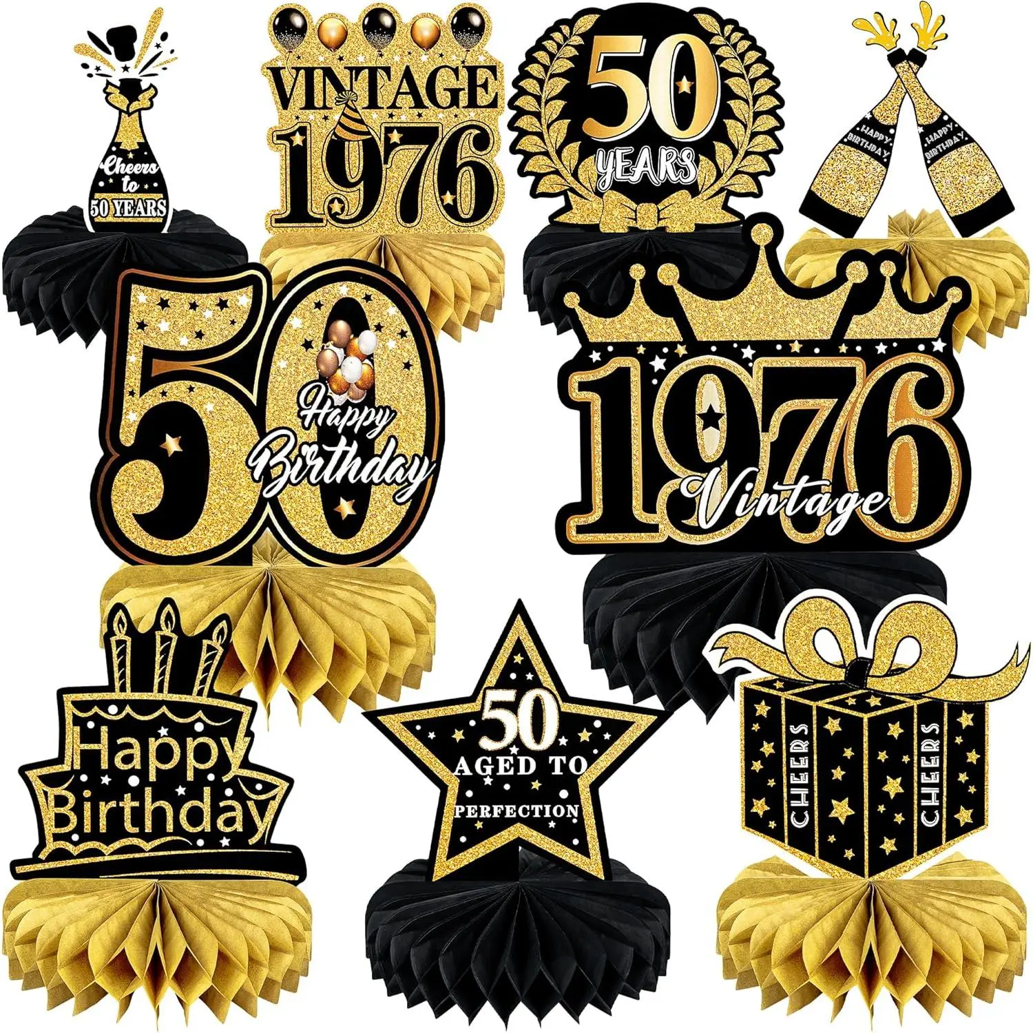 9 Pcs 50th Birthday Decoration for Men Women 50th Birthday Table Decorations Cheers to 50th Birthday Honeycomb Centerpieces Table Topper Black and Gold 50th Birthday Party Favors