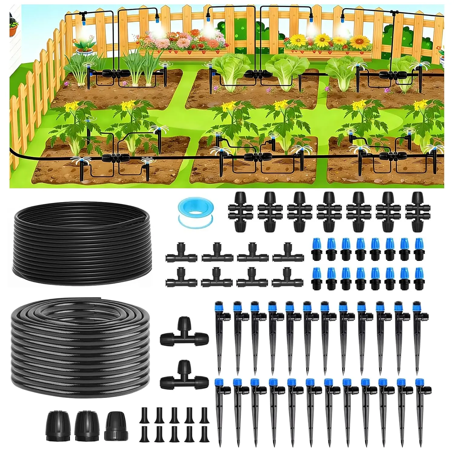 230FT Drip Irrigation System,Automatic Garden Watering System with 1/4" & 5/16" Tubing, Adjustable  Nozzles & Sprinklers for Garden, Greenhouse, Lawn, Potted