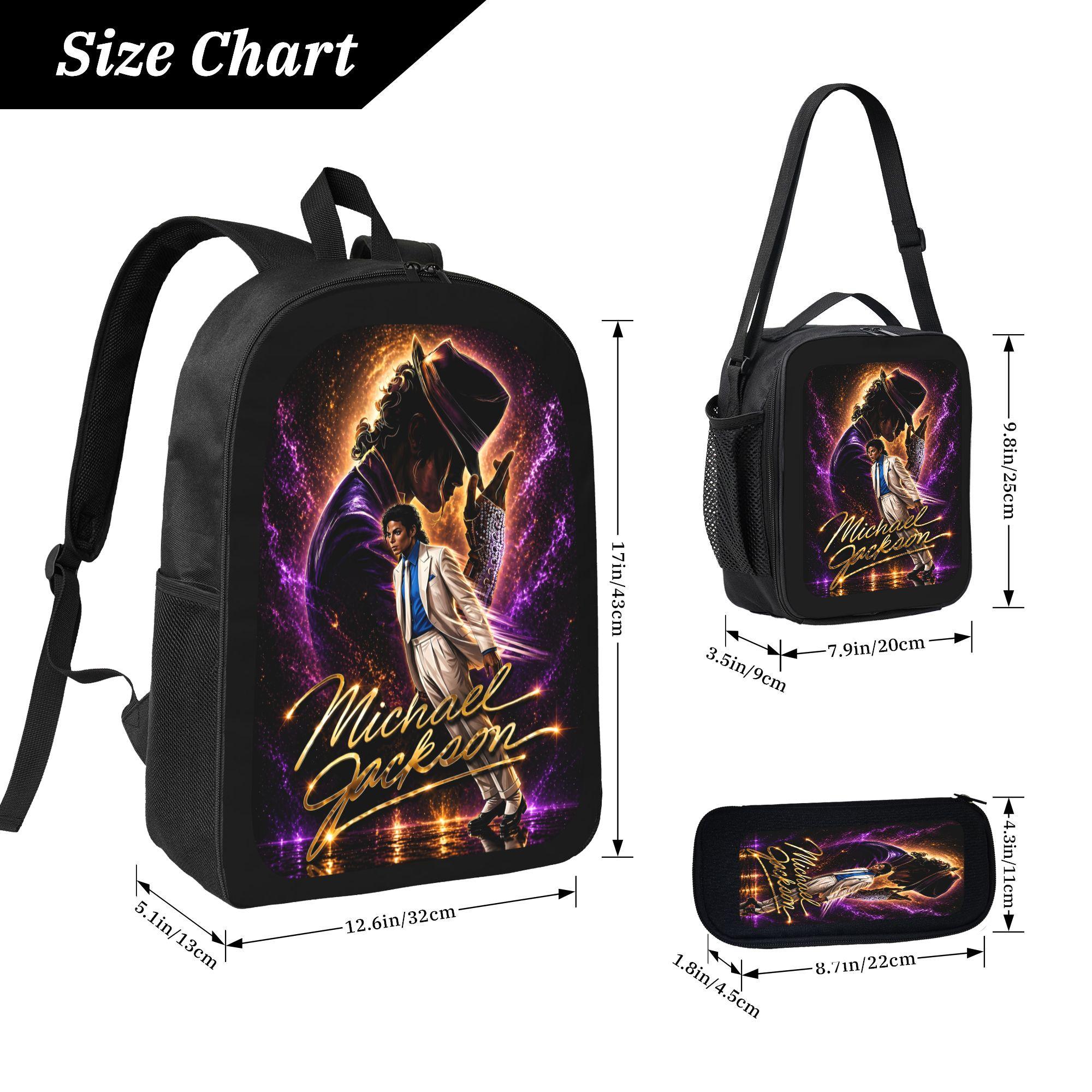3-Piece Backpack Set, Michael Jackson Themed School Bookbag for Teen Music Fans with Lunch Bag & Pencil Case, Casual Travel Daypack