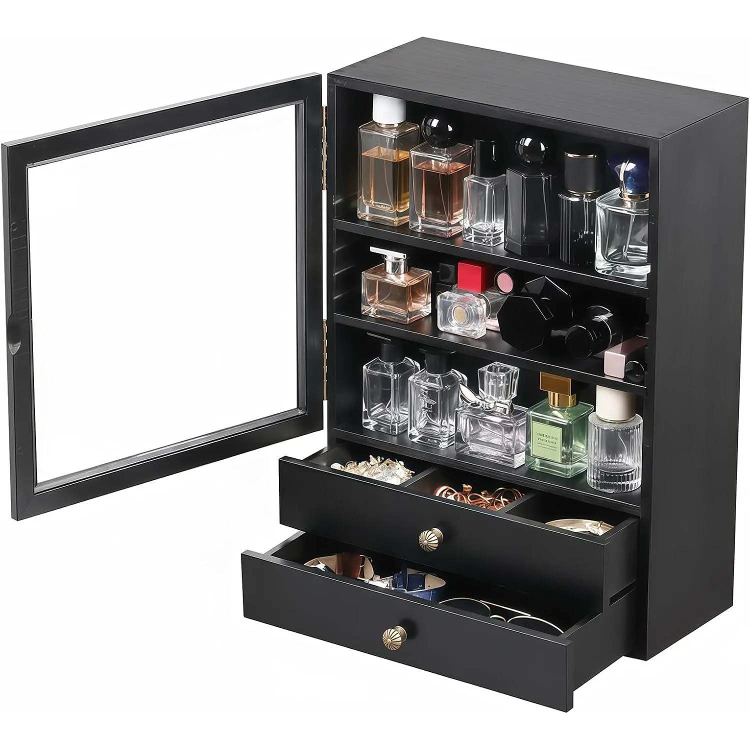 Wooden Cologne Organizer with Drawer,Black,AHK-083 | 5-Tier Wooden,Large Men's Storage Stand,,Perfume Display Box