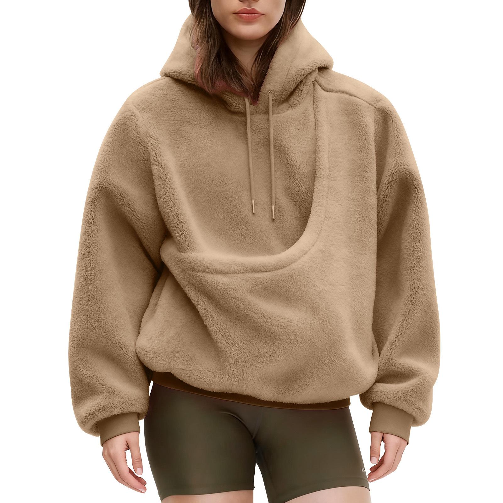 Autumn and Winter Solid Color Hooded Plush Pet Pocket Loose Pullover Sweatshirt for Women Fashionable Warm Cold Resistant Polyester,Gift
