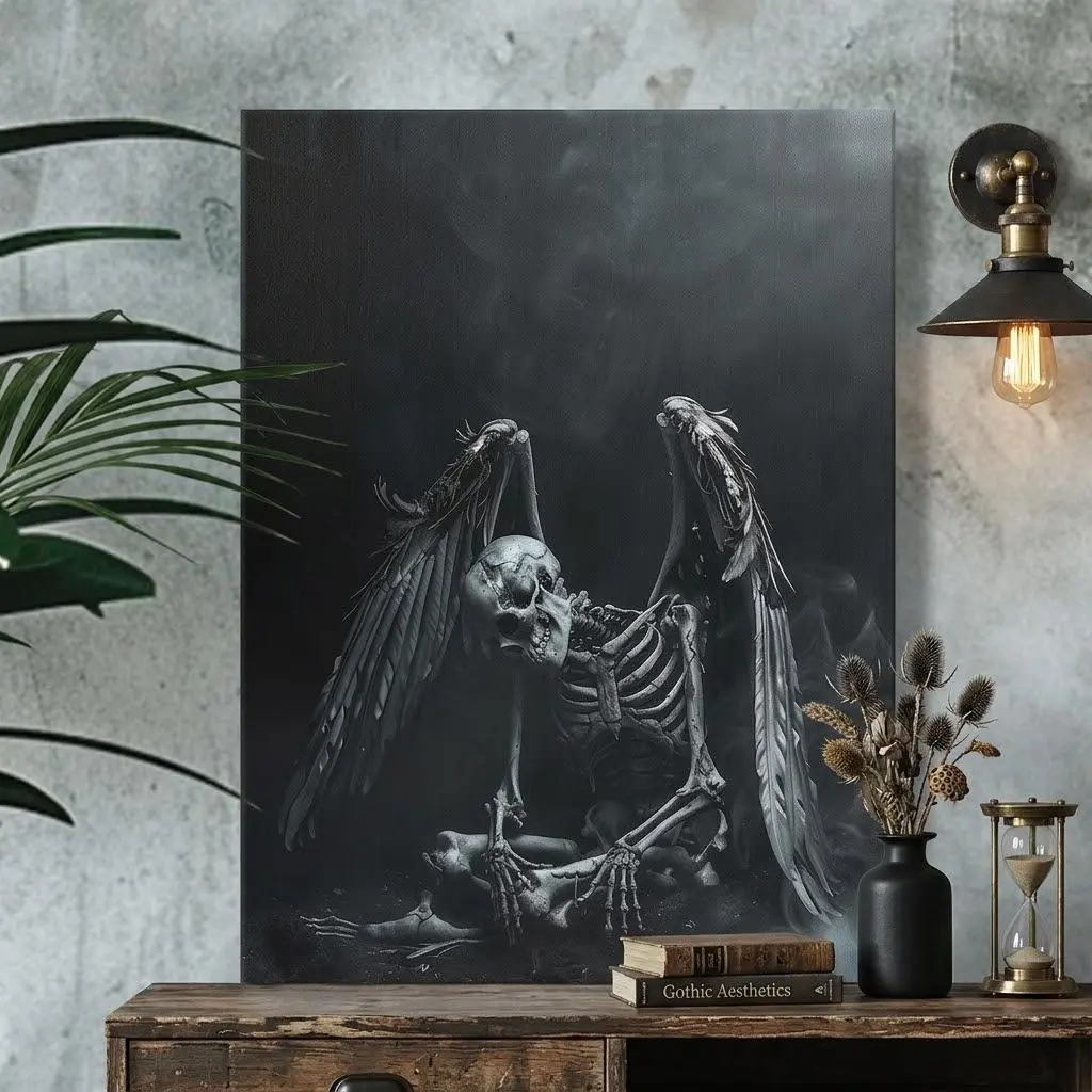"Mourning Fallen Angel": A Dramatic Dark Gothic Winged Skeleton Canvas Art Poster - Unique Moody Vintage Home Wall Decor Print, A Perfect Statement Piece for Industrial or Gothic Interiors
