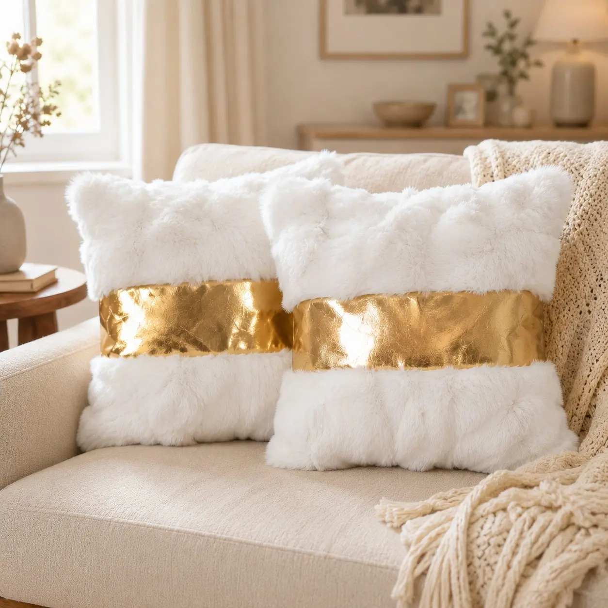 2-Pack 45x45cm Gold/silver Color Metal Finish Rabbit Fur Pillowcases, Soft Plush Cozy Accent Decorative Sofa Bedroom Living Room Decor, Home Decor, No Insert Included
