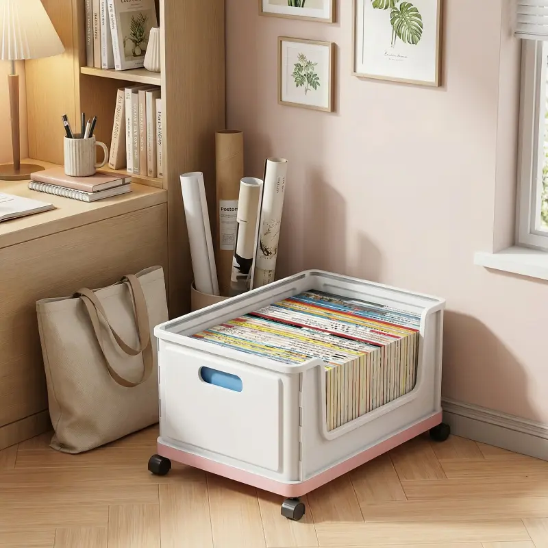 1 Piece Assembleable Mobile Book Cart, Stackable in Multiple Layers. Smooth rolling wheels, fits easily under the desk. Stores textbooks, schoolbags and documents. Perfect storage organizer for students and offices.