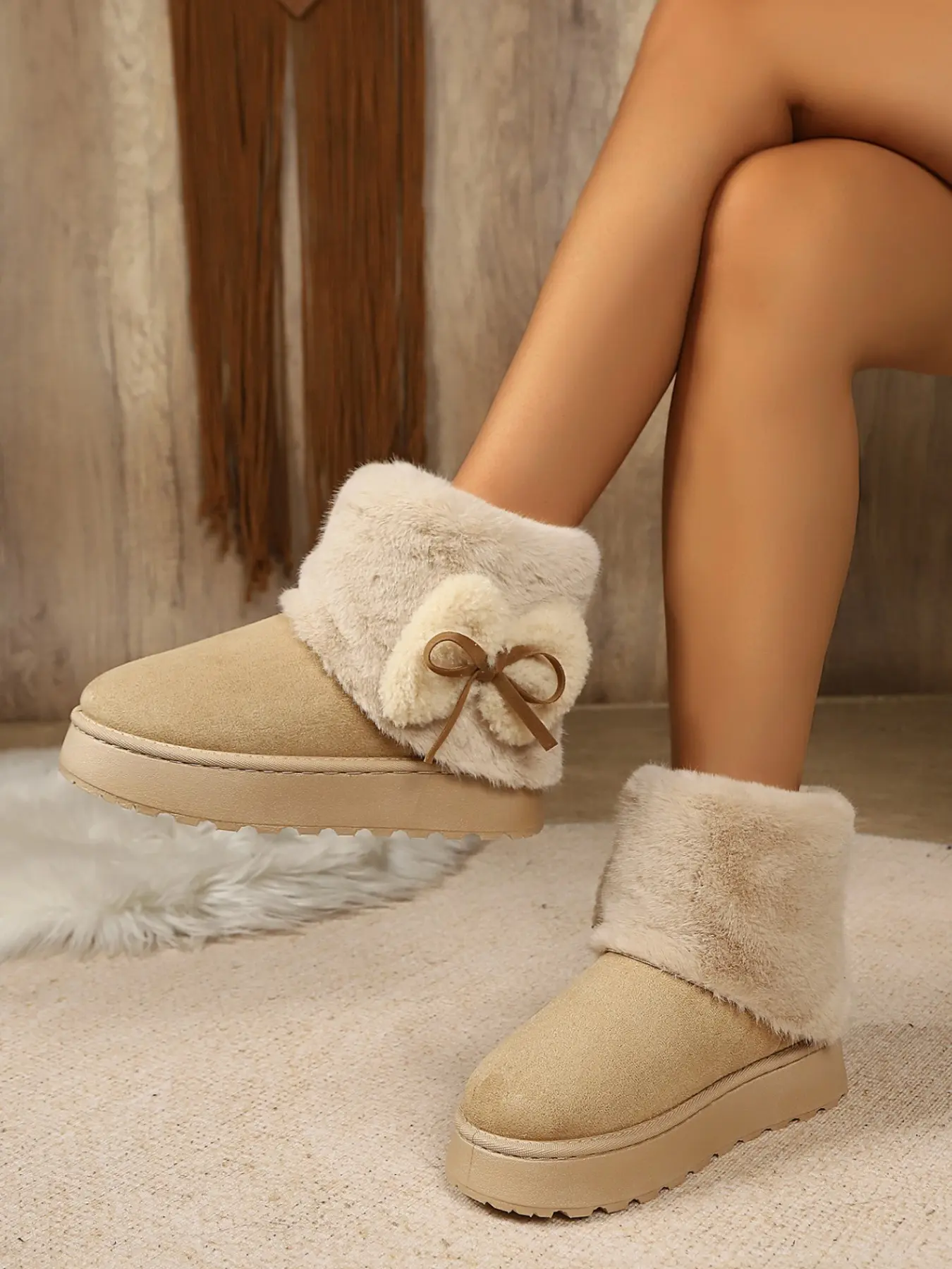 Women Faux Fur Cuff Platform Snow Boots, Cute 3D Bow Decor Suede Winter Boots, Thick Sole Warm Fuzzy Lined Short Boots for Daily Outdoor