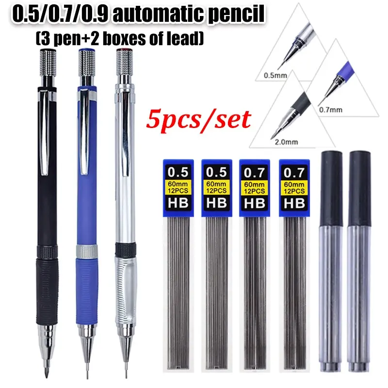 5pcs/set creative high-quality durable 0.5/0.7/2.0mm automatic mechanical pencil, equipped with HB black non fragile pen core, very suitable for sketching and drawing tools | Back to School Gift (3 pens+2 boxes of pen cores)