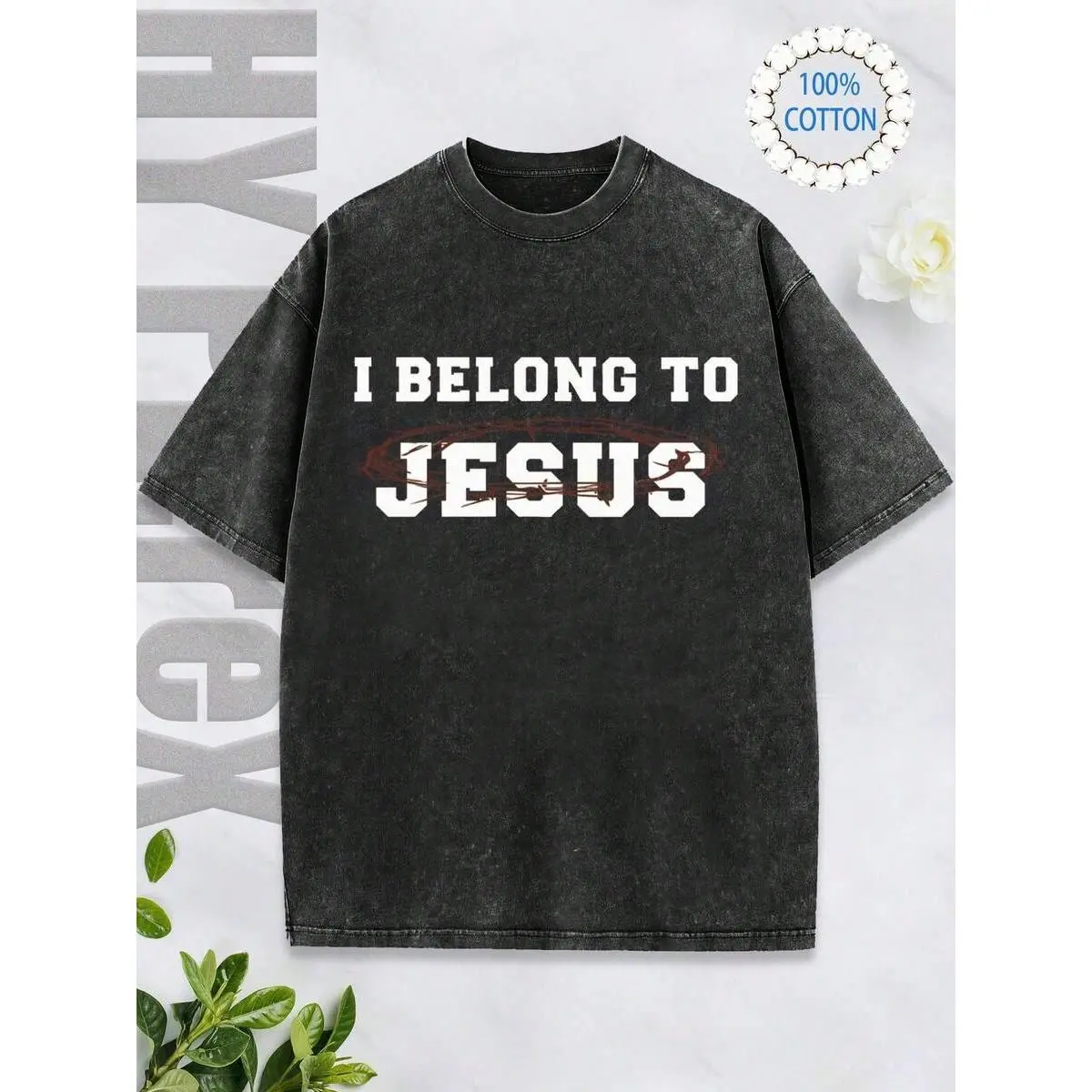 Christian "Believers Belonging To Jesus" Faith-Themed T-Shirt, "I BELONG TO JESUS" Faith Declaration Essential T-Shirt For Wearing, Thorn Crown T-Shirt Symbolizing The Core Of Jesus' Suffering, Jesus' Redemption Faith Outfit...... Retro Loose T-Shirt