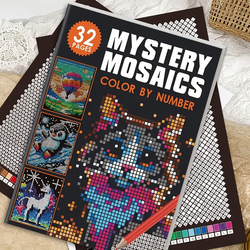 Mystery Mosaic Paint by Numbers Book - 32-Page Adult Pixel Art Coloring, Stress-Relief Activity, Diy Painting with Cute Animals and Scenes, Perfect Art Gift for Creative Enthusiasts