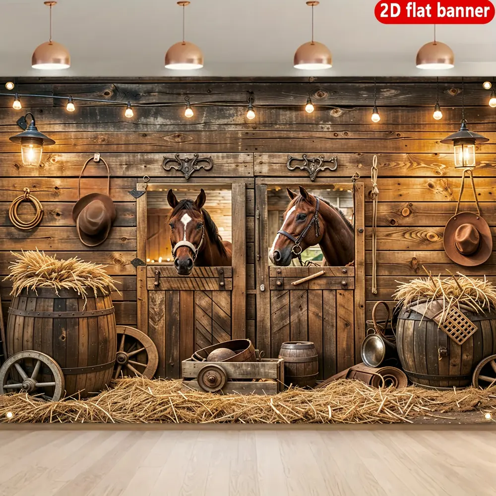 Rustic Horse Stable Barn Themed 2D Flat Polyester Photo Backdrop, HD Digitally Printed Soft Lightweight Foldable Cloth, Suitable for Portrait Shots, Indoor Studio Photography & Live Streams