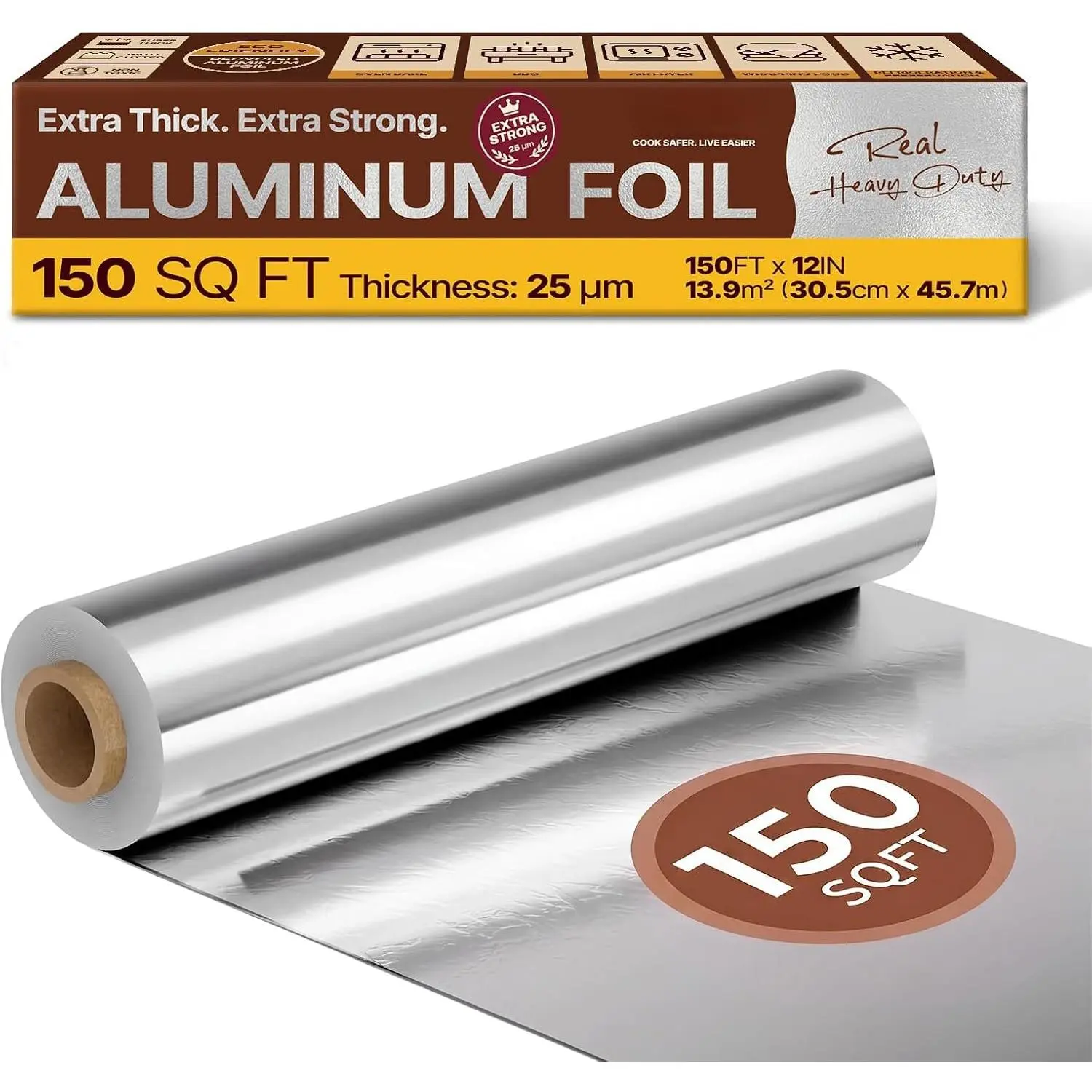 Sturdy Aluminium Tin Foil Roll, Heavy Duty 12in x 150ft (25 Micron Thick, 150 Square Ft) for Kitchen Cookware Cooking, Catering