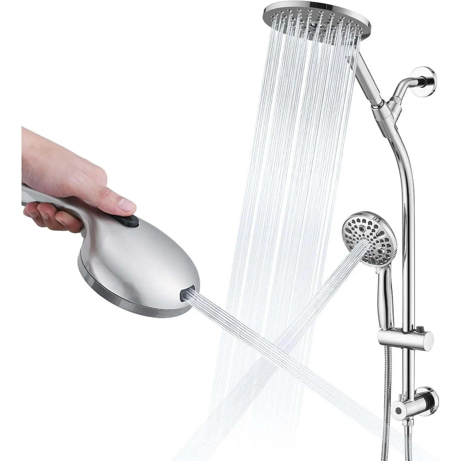 ARCH High Pressure Dual Shower Head Set with 26-in Adjustable Bar, 10-Spray Handheld, 7.5-in Rainfall Showerhead, Chrome ABS Plastic-Stainless Steel Bathroom Fixture, Multiple Sprays, Easy Installation for Kids Adults