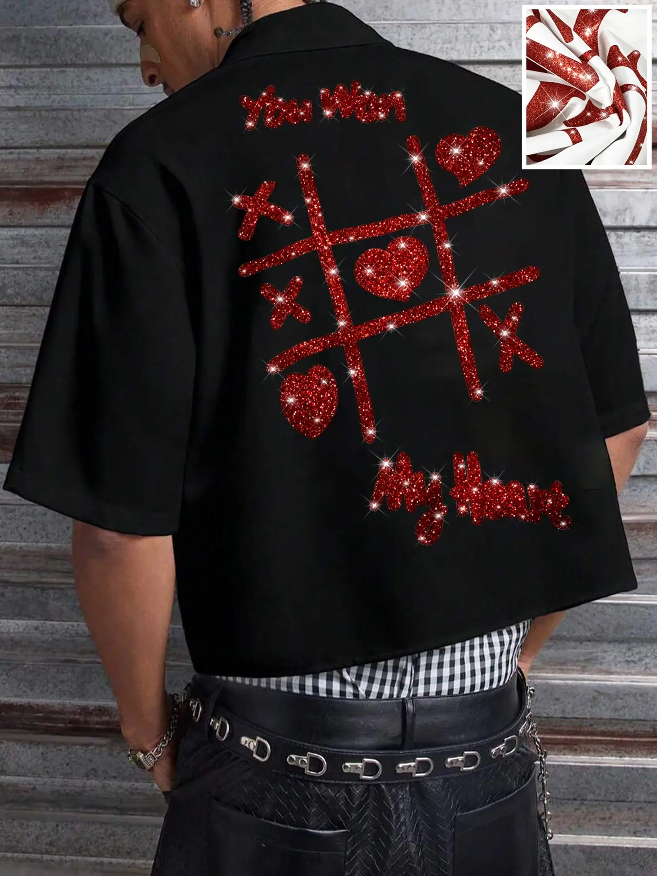 Men's Loose Cuban Collar Menswear Shirt, Back 'you Won My Heart' Glitter Graphic Print, Casual Summer Short Sleeve, Versatile Blouse