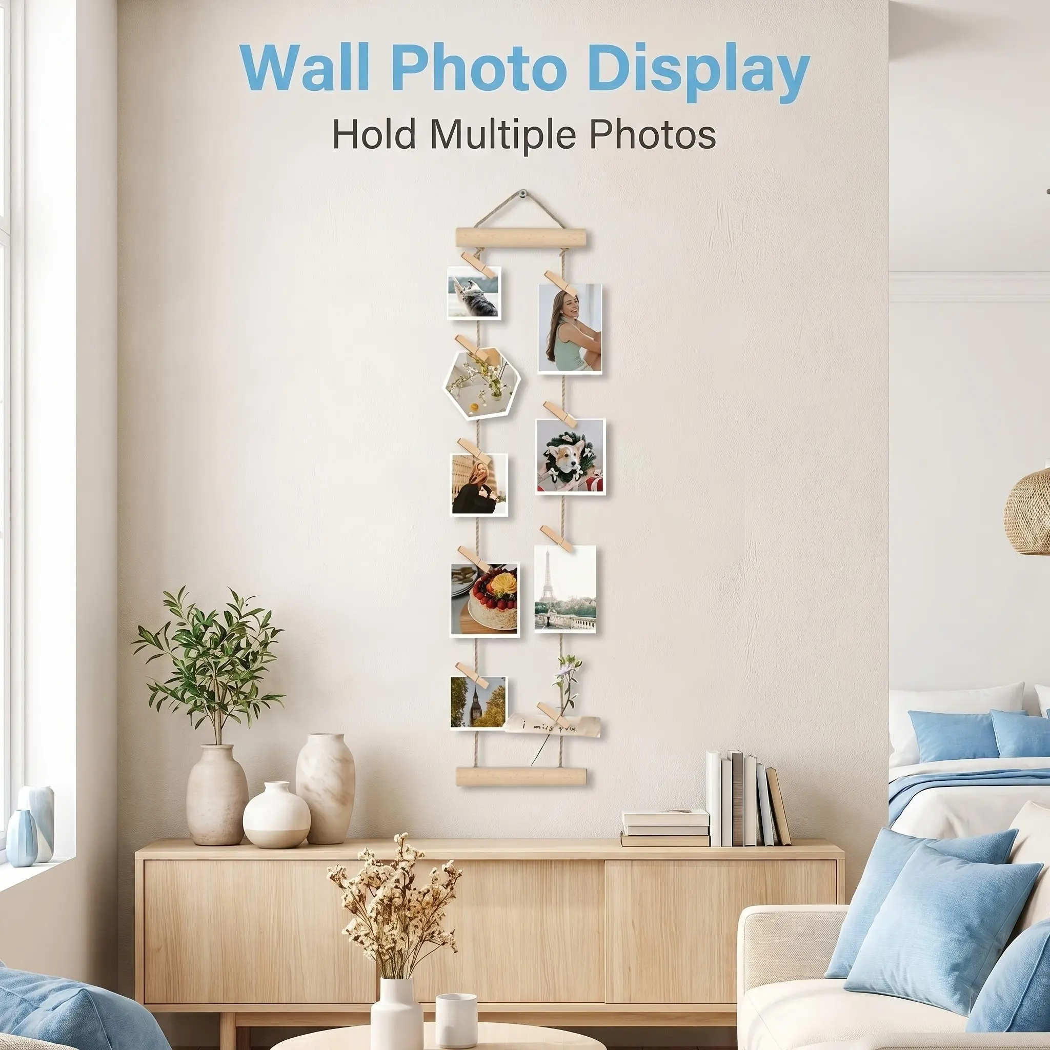 Wooden Photo Display Rack with Clips, Wall-Mounted Picture Organizer, Ideal for Bedroom and Living Room, Home Wall Decor