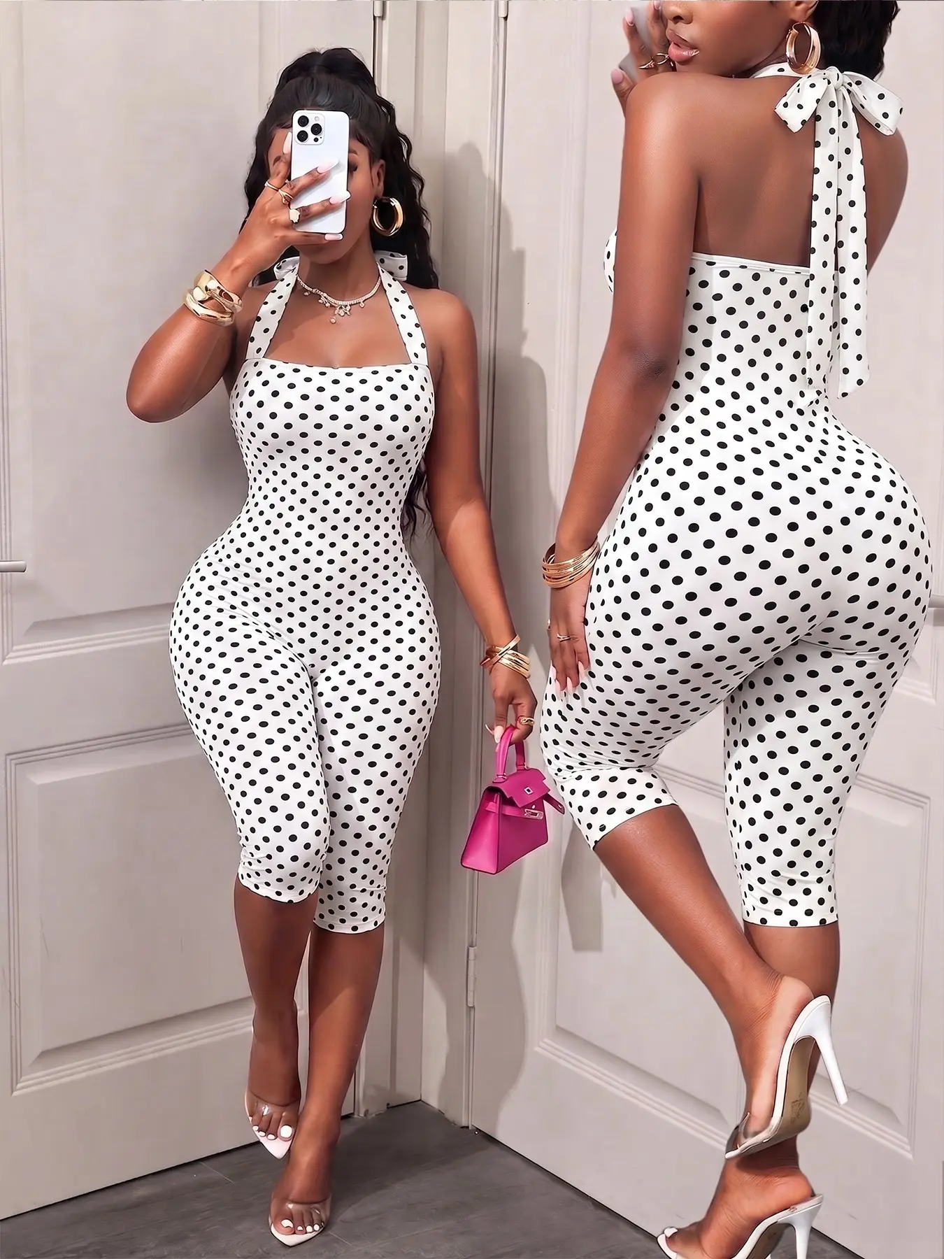 White slim-fit sexy polka dot halter neck tie seven-quarter jumpsuit, made of stretchy soft fabric, a perfect choice for dates, nightclubs, brunch, and street style looks, summer casual fashion party women's wear #polka dot jumpsuit
