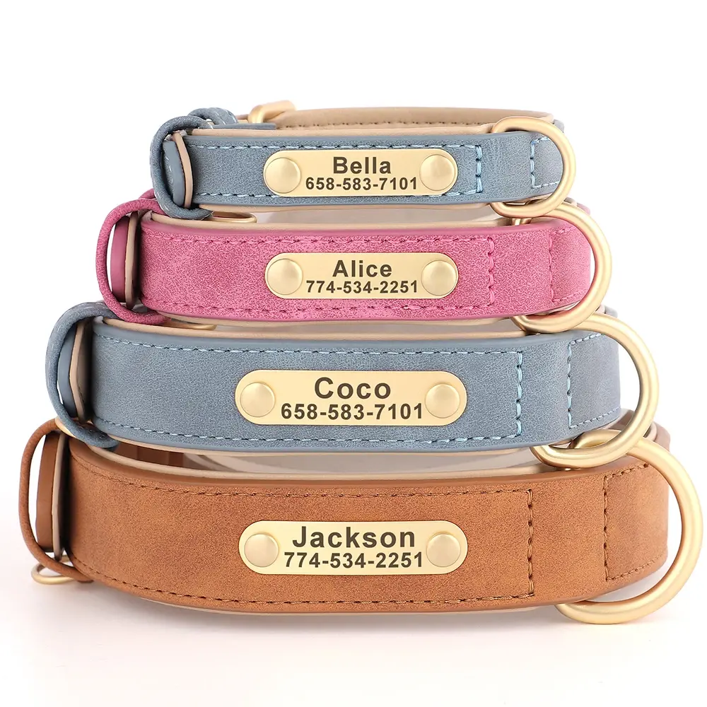 Personalized Leather Dog Collar with Custom Engraved Nameplate – Durable, Stylish, and Adjustable ID Collar for Small, Medium, and Large Dogs
