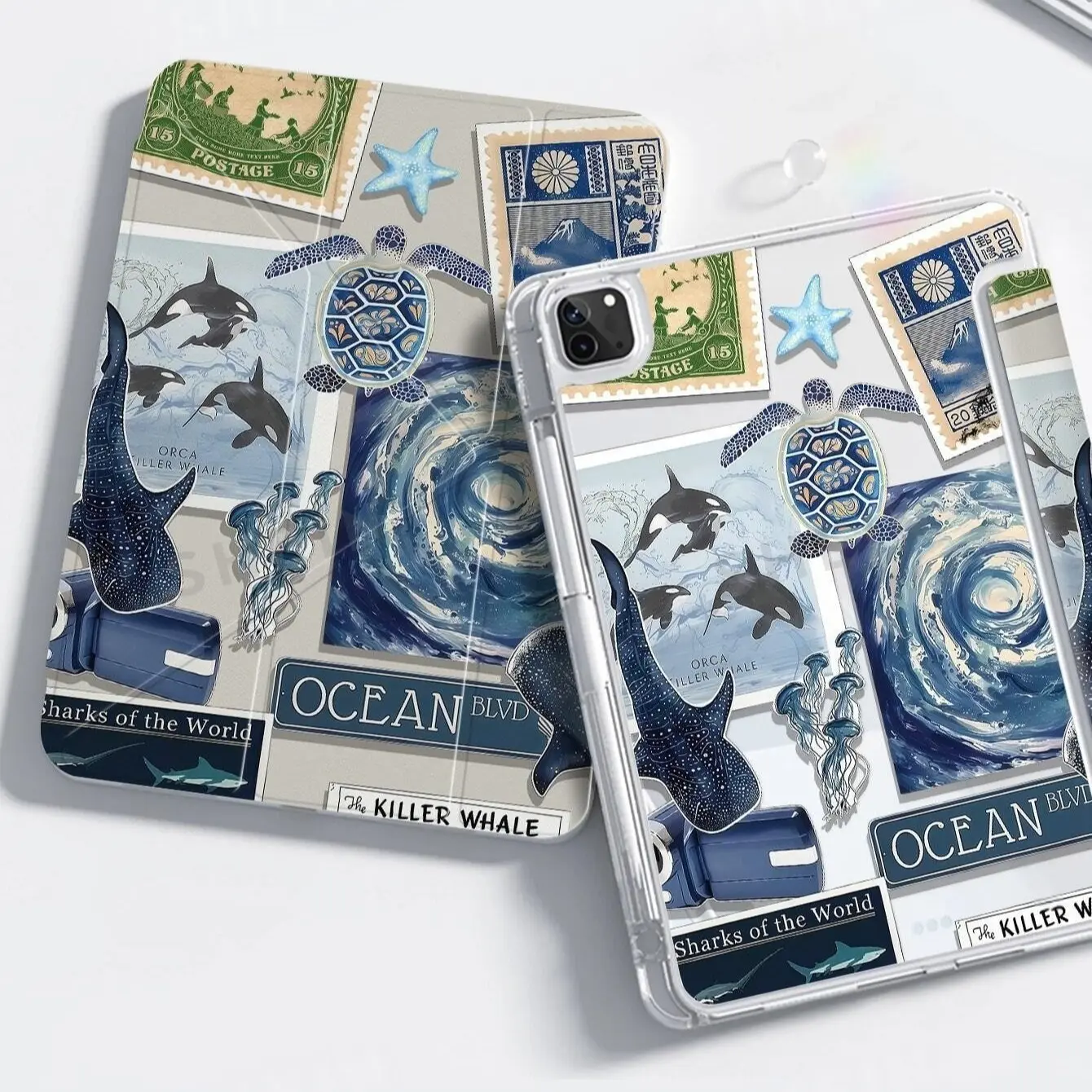 1PC Vintage Collage Stamp Ocean Orca Turtle Whale Shark Print Y-fold Acrylic Tablet Case, Tablet Covers, Foldable, Lightweight, Adjustable Stand, Magnetic Buckle, Pencil Holder, Auto Sleep Wake, for iPad5-10, iPad11, Air2, Air3, Air4, Ai
