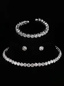 Women's Fashion Jewelry Set, Rhinestone Necklace Bracelet Earrings, Elegant Party Accessories, Sparkling Crystal Design