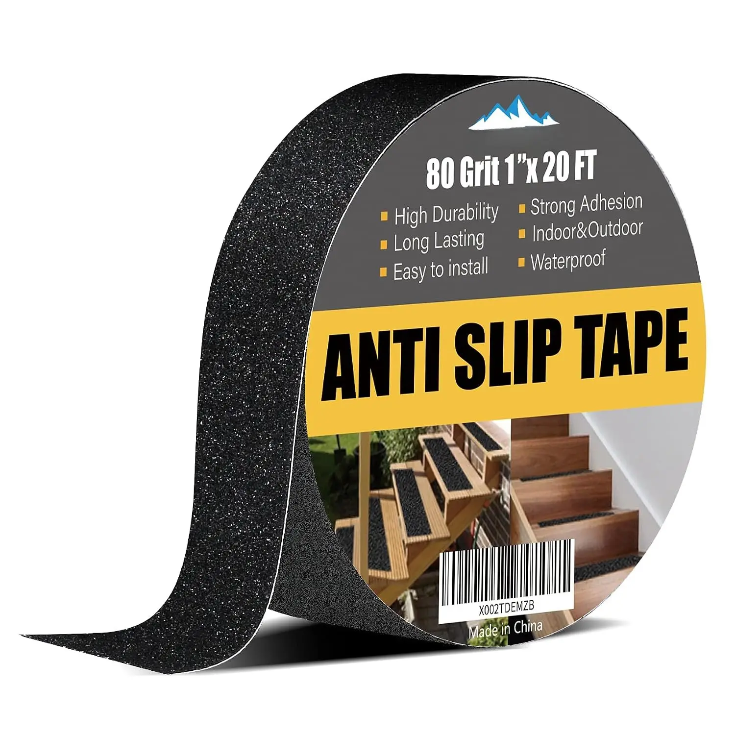Grip Tape - Heavy Duty Anti Slip Tape 80 Grit Non Slip for Stairs Outdoor/Indoor,  High Traction Stairs Non Skid Treads, Durable Triple Layer Adhesive - Black (1 Inch x 20 )