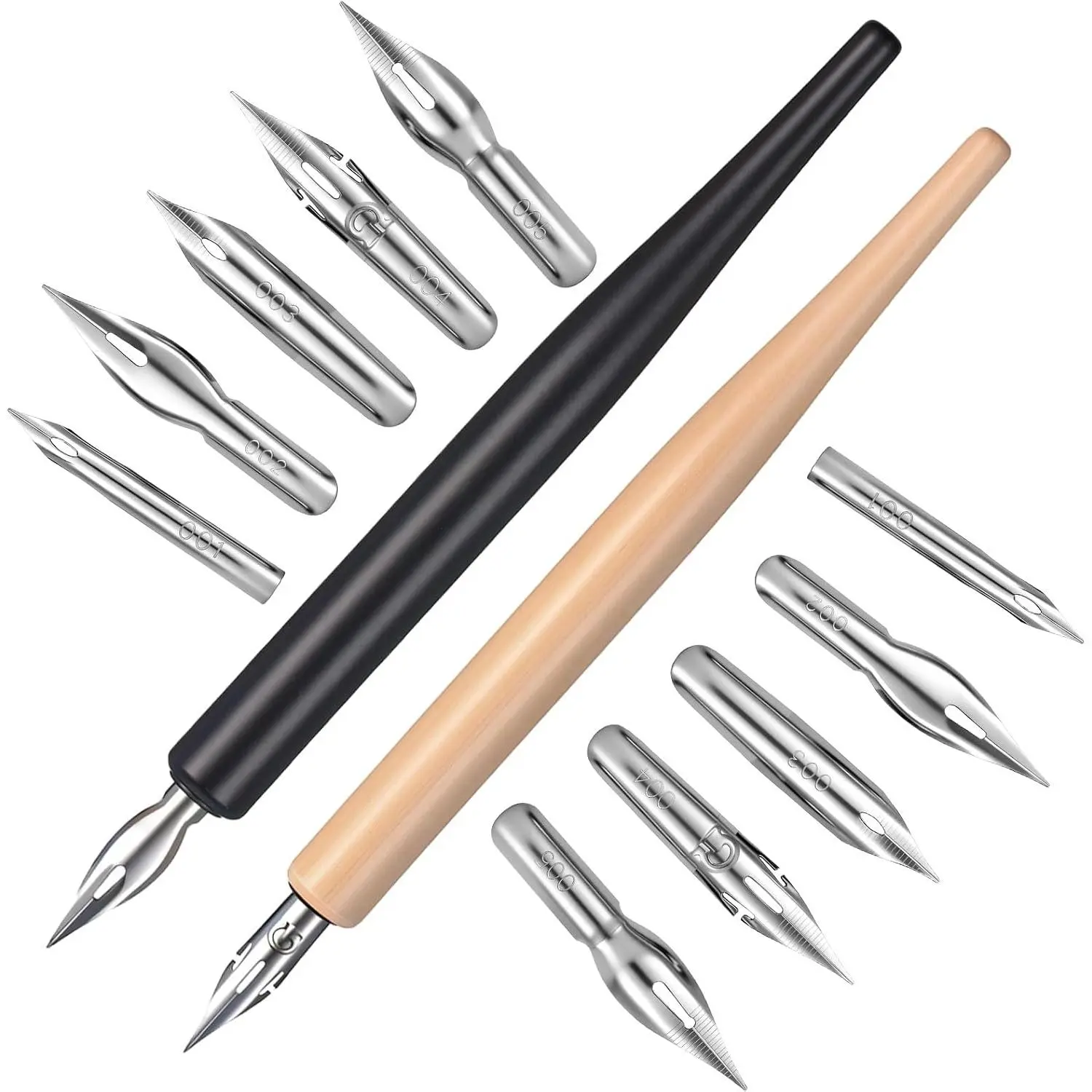 12 count Dip Pen Nibs, Dip Pen Set, 2 Wooden PenHolders and 10 Stainless Steel Calligraphy Nibs, Comic Calligraphy Drawing Pens for Writing, Painting, Signing, Sketch