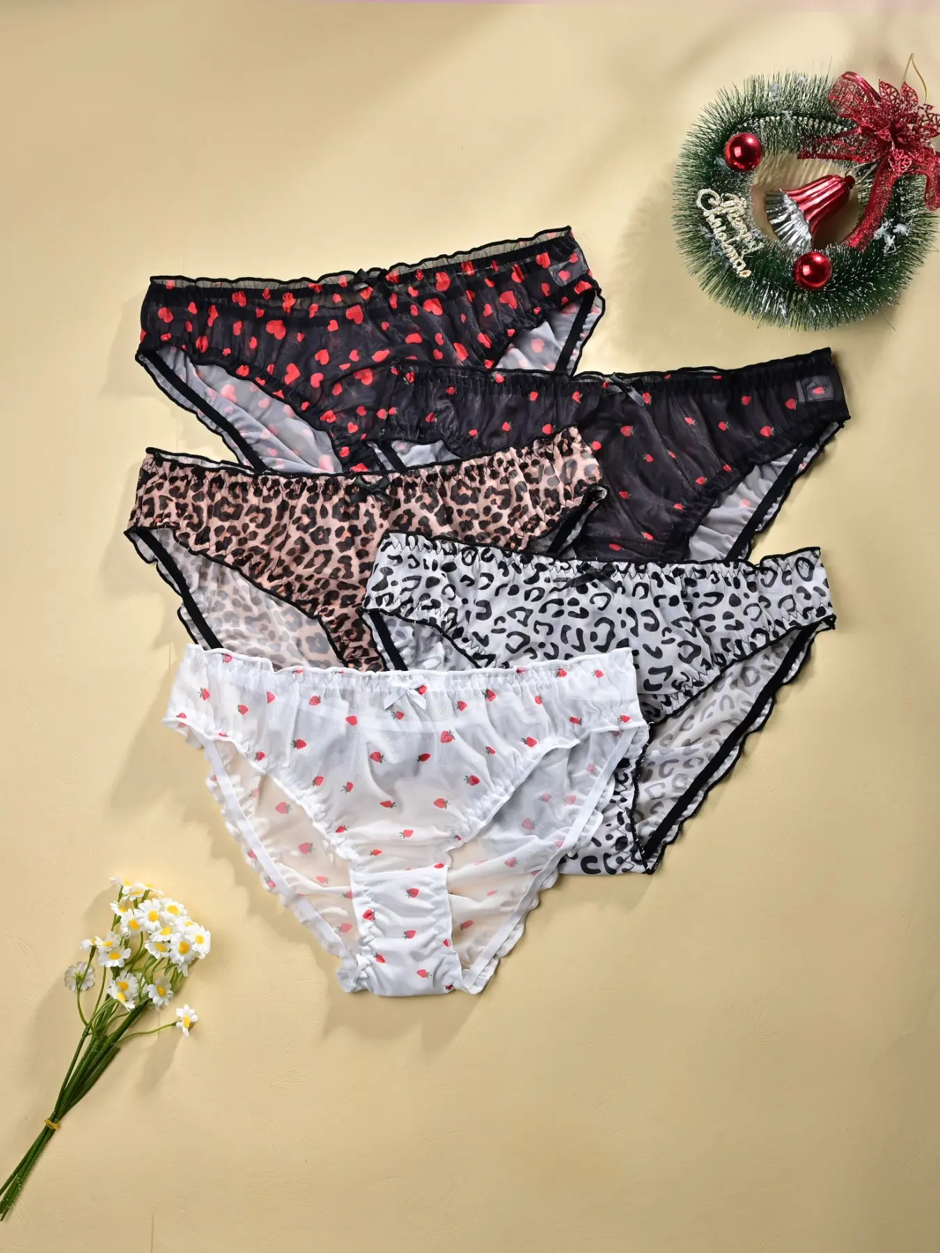 5-Pack Plus Size Mesh Panties, Heart Polka Dot & Leopard Print Triangle Briefs, Mid-Waist Breathable Ruffled Design, Comfortable Skin-Friendly Women's Lingerie