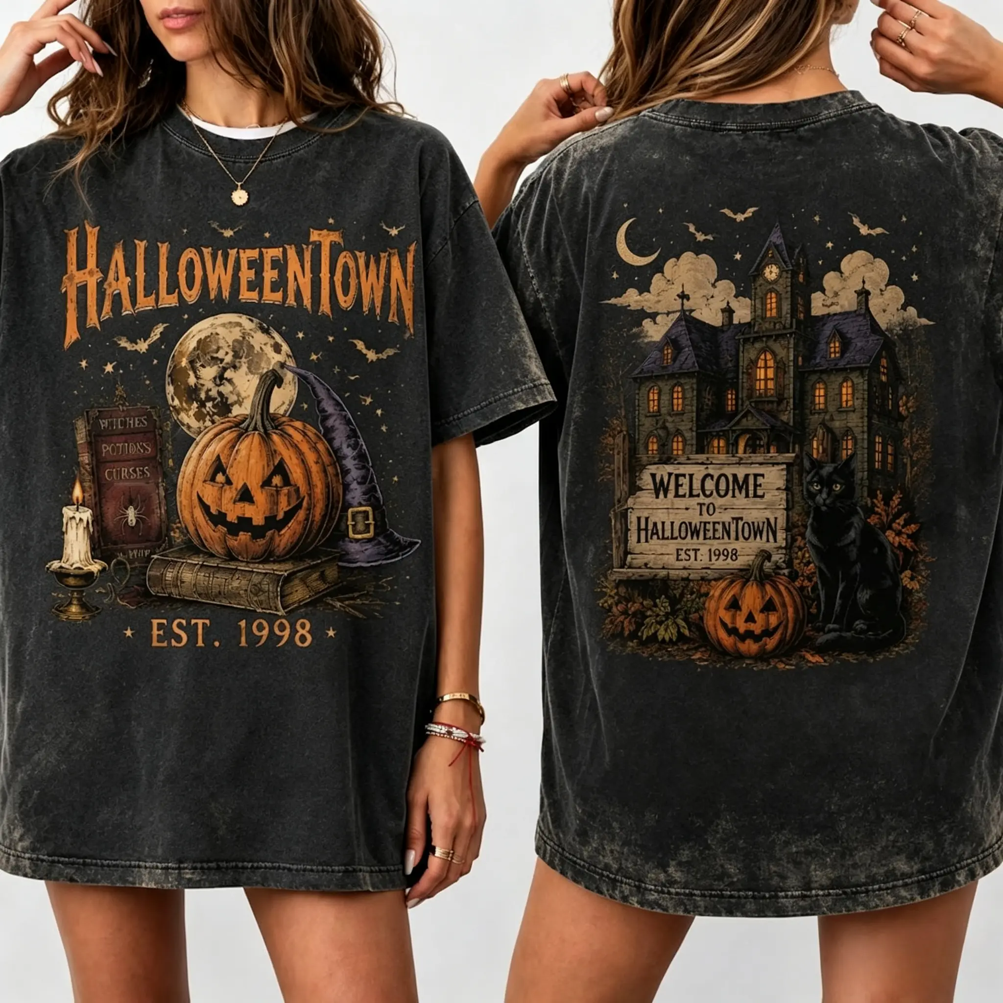 Halloweentown Est 1998 Washed T-Shirt, Vintage Horror Halloween Town Tee, Spooky Pumpkin Graphic Shirt,Horror Halloween Gift For Men Or Women
