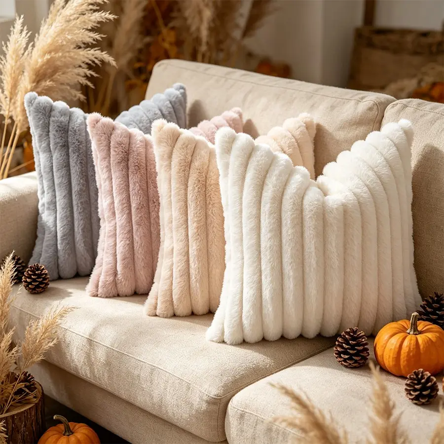 4PCS Fall Faux Fur Throw Pillow Covers 18x18 Inch, Decorative Soft Cozy Double-Sided Striped Plush Modern Farmhouse Boho Couch Pillow Cases for Sofa Bed Living Room Home Decor (Without pillow insert)