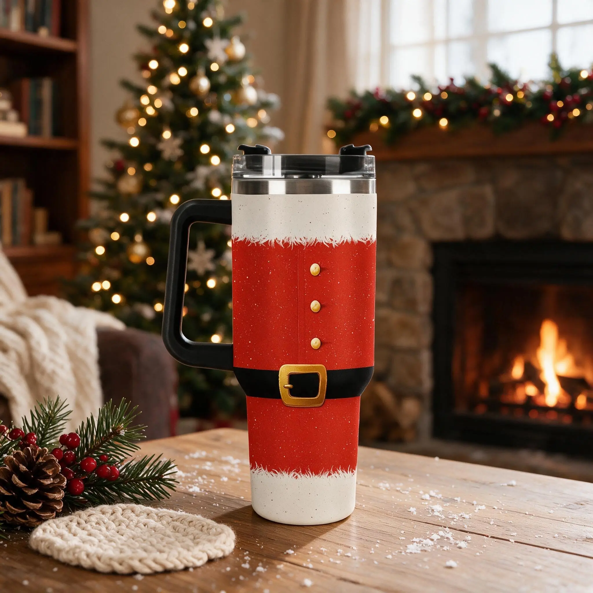40oz Santa Suit Tumbler With Handle, 2D Flat Printed Santa Claus Costume Red Faux Fur Belt Buckle Pattern, Stainless Steel Insulated Travel Cup, Christmas Holiday Gift For Men Women