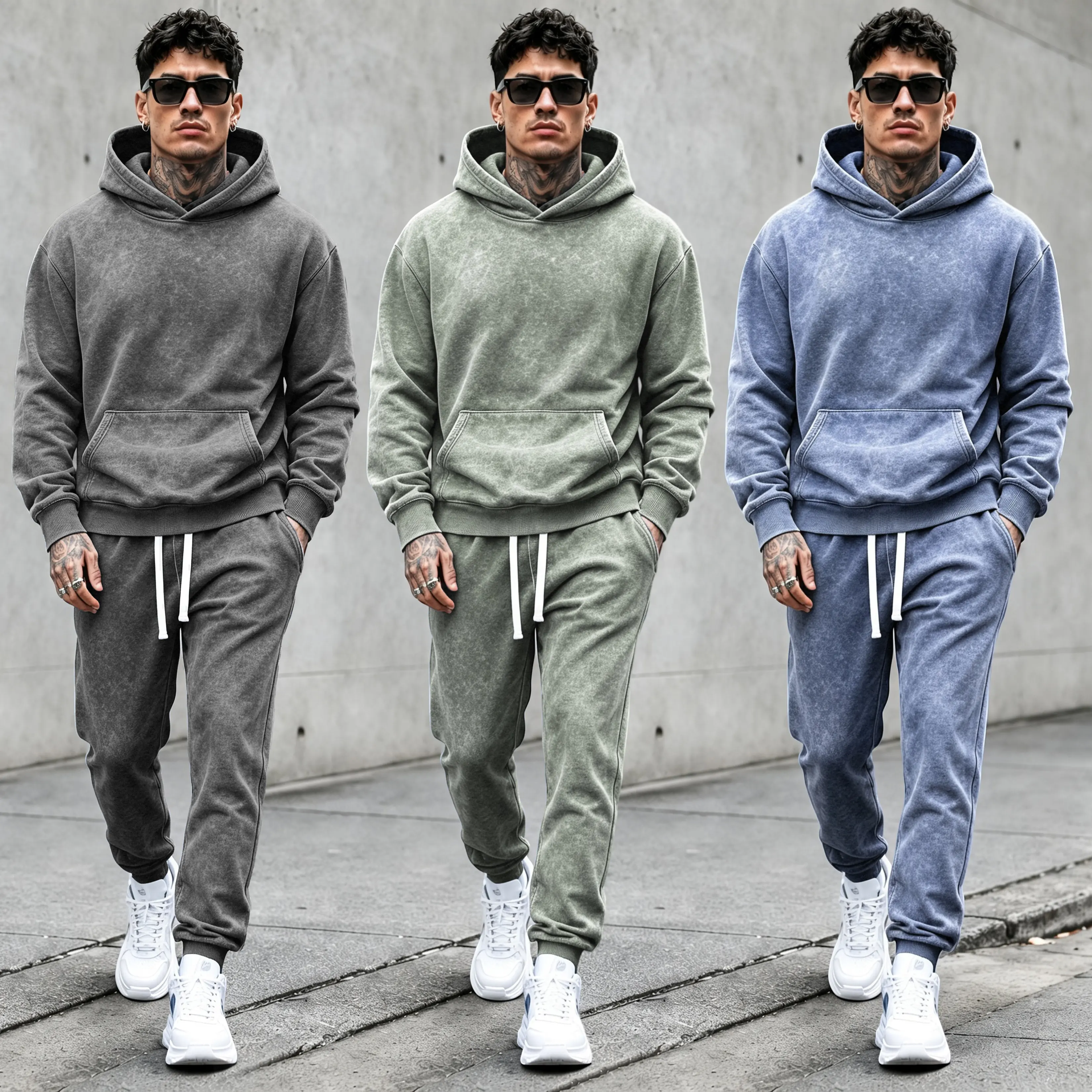 Men's Vintage Mineral Wash Hoodie & Jogger Set, Soft 8.5 oz French Terry 2 Piece Sweatsuit, Casual Relaxed Fit Tracksuit High Street Lounge Outfit, Gift for Boyfriend or Husband