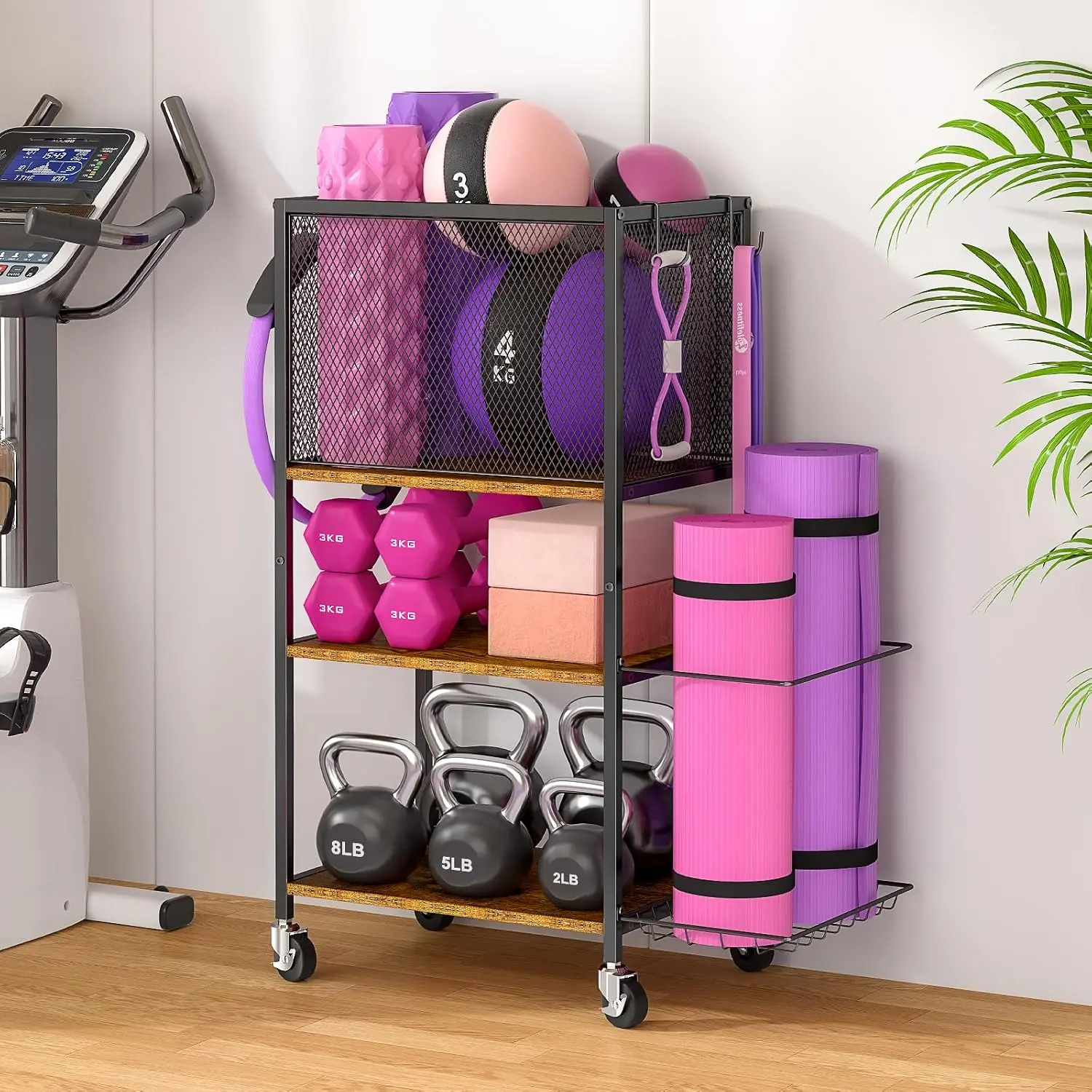 Dumbbell Rack, Yoga Mat Storage Holder,  Gym Storage Rack, Workout Equipment Storage Organizer, Weight Storage Holder Rack with Hooks and Wheels