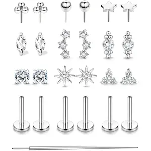 9 Pairs 20G 18G Threadless Flat Back Stud Earrings, Hypoallergenic Push in Piercing Jewelry, 14K Gold Plated 316L Surgical Steel Cartilage Helix Tragus Nose Rings for Women