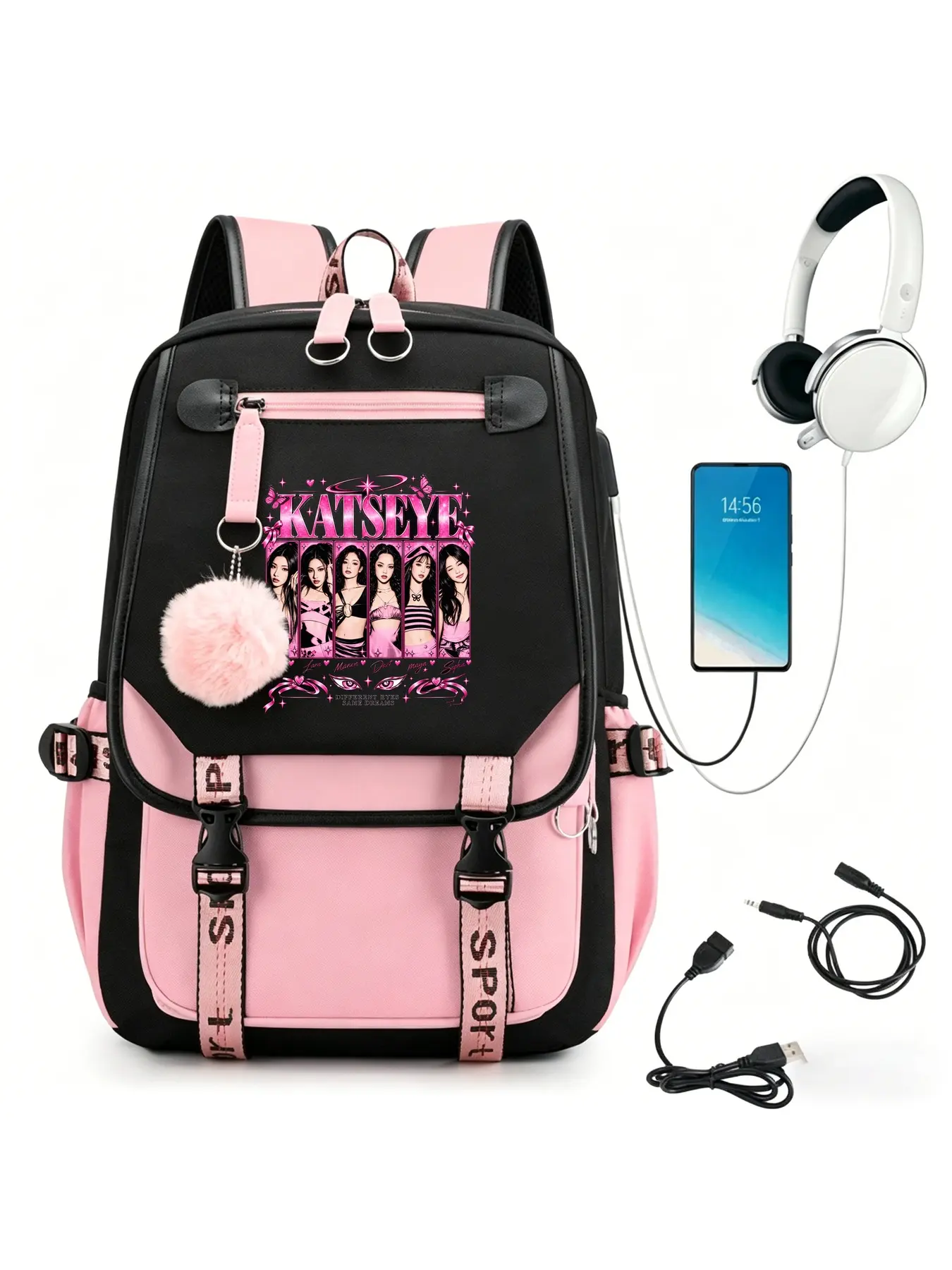 Trendy Pop Portrait Print Backpack for Teenage Girls, Cute Student Daypack with Pom Pom, Lightweight USB School Backpack, Ideal Back to School Gift, Thanksgiving Present, Christmas Gift