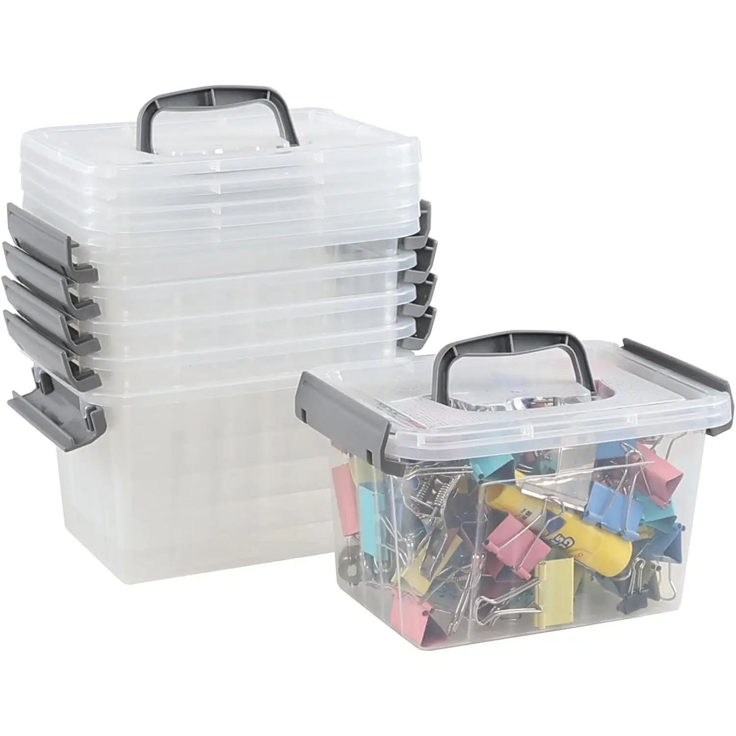 3.5 Quart Small Clear Latching Boxes with Handle, 6 Packs |  Plastic Storage Tote Bins with Lid