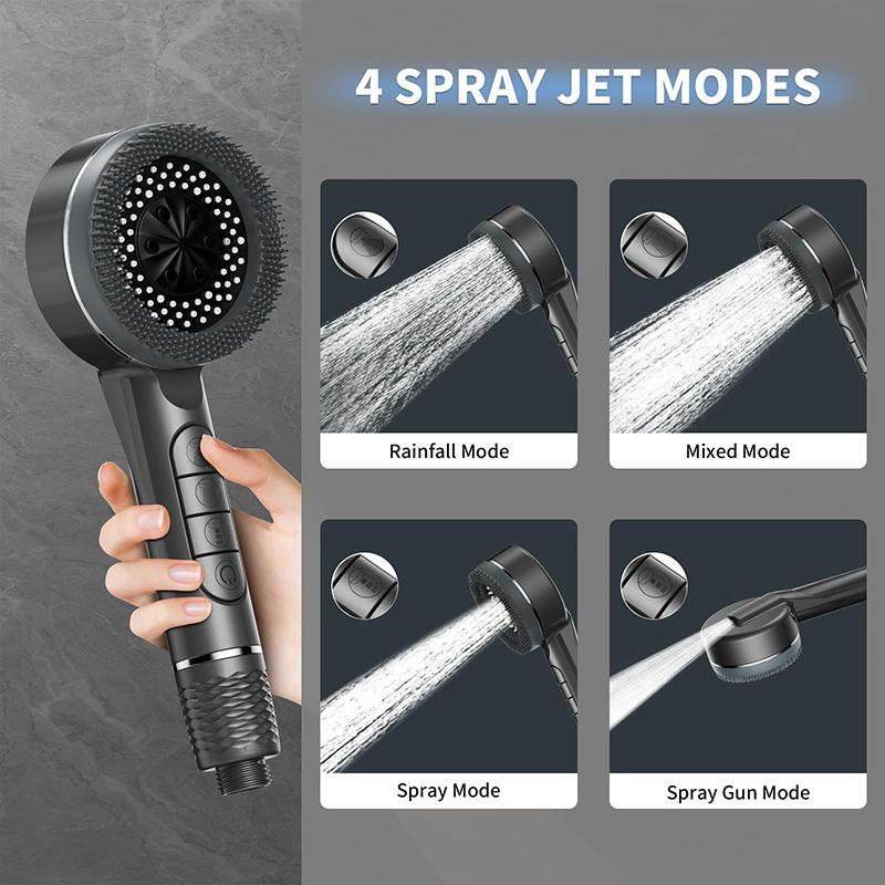 Shower Head Set: 3-Piece Kit with 4 Modes Handheld Shower, Soft Hose, No-Drill Shower Holder, Modern Bathroom Shower Equipment