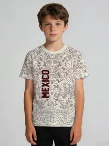 Boys' Sports T-Shirt, Beige Line Art Mayan Sun Stone Vertical Letter, Minimalist Aztec Totem Crew Neck Short Sleeve, Soft Sweat-Wicking No Deformation, for PE Training Soccer Outdoor Party, Machine Washable Kids Gift