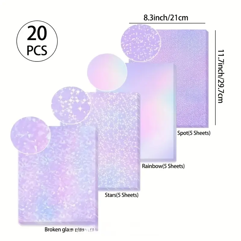 20 sheets of holographic sticker paper - waterproof transparent vinyl film, 4 styles (rainbow, iridescent, holographic, macaron colors), A4 size, suitable for DIY crafts, scrapbooking, laminating, photos and cards - PVC vinyl overlay