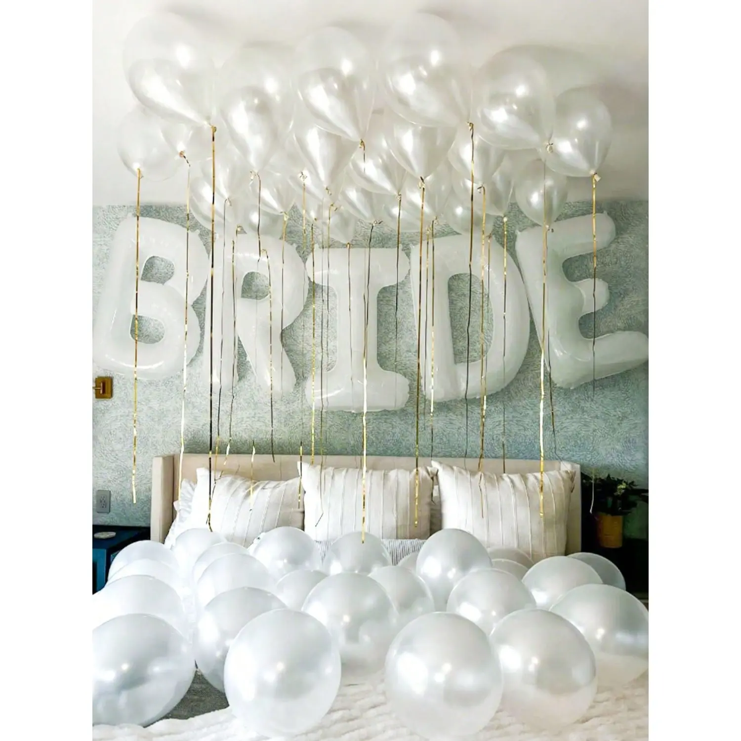 25pcs White "BRIDE" Letter Balloon Banner, 18 Inch White Letter Balloons, Pearl White Latex Balloons, Party Balloons Decorations. Ideal for bridal showers, bachelorette parties, weddings, engagement decor and photo backdrops.