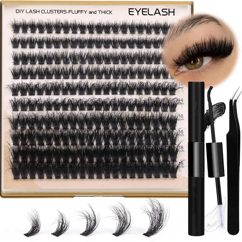 DIY Lash Extension Kit 200D Cluster Lashes 10 up18mm Fluffy Faux Mink Individual Eyelashes With Dual End Glue Remover Pen and Lash Tweezers For Beginners
